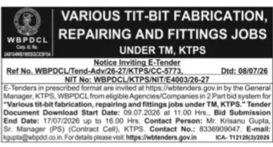 WBPDCL Invites Tender for Fabrication and Repairing Works at KTPS
