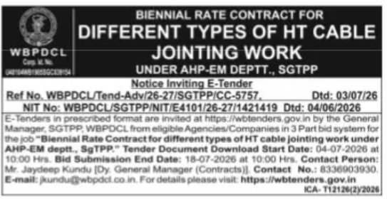 WBPDCL Invites Tender for HT Cable Jointing Work at SGTPP