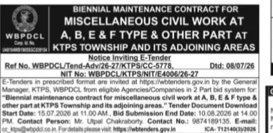 WBPDCL KTPS Invites Tender for Biennial Civil Maintenance Works