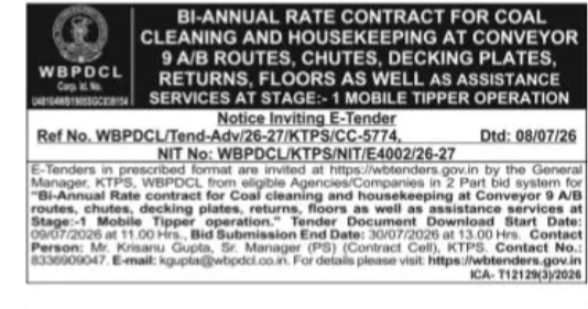 WBPDCL KTPS Invites Tender for Coal Cleaning and Housekeeping Services