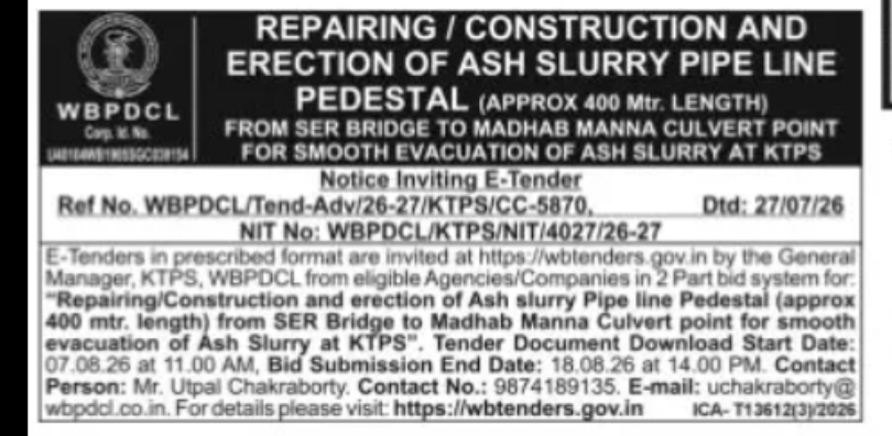WBPDCL – REPAIRING/CONSTRUCTION OF ASH SLURRY PIPELINE PEDESTAL