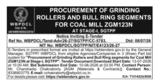 WBPDCL SGTPP Invites Tender for Procurement of Grinding Rollers and Bull Ring Segments