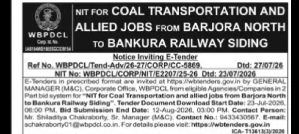 WBPDCL Tender – Coal Transportation from Barjora North to Bankura Railway Siding