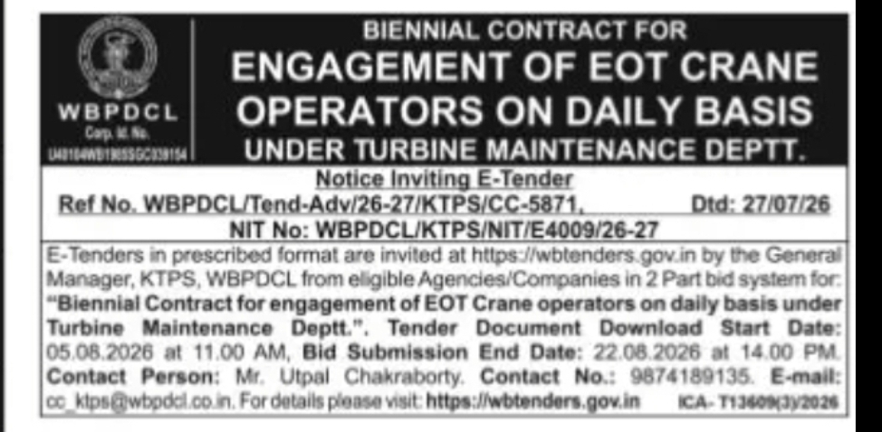 WBPDCL Tender – EOT Crane Operators Contract at KTPS