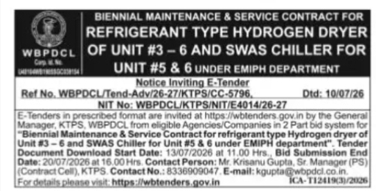 WBPDCL Tender – Hydrogen Dryer & SWAS Chiller Maintenance