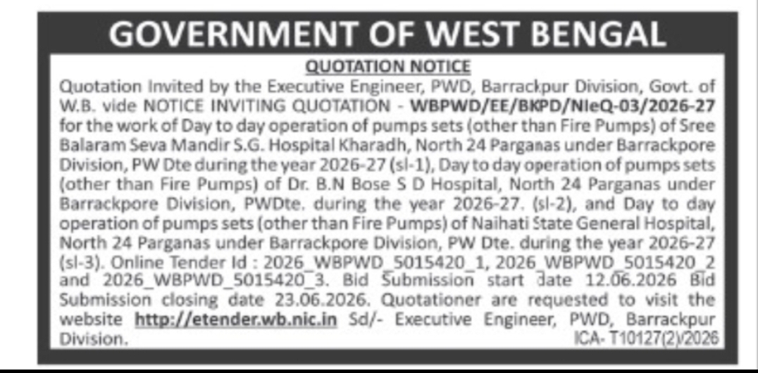 WBPWD Tender For  Barrackpore Division – NIeQ-03/2026-27