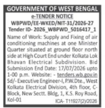 WBPWD Tender for Supply and Installation of Air Conditioning Machines at Minister Quarter