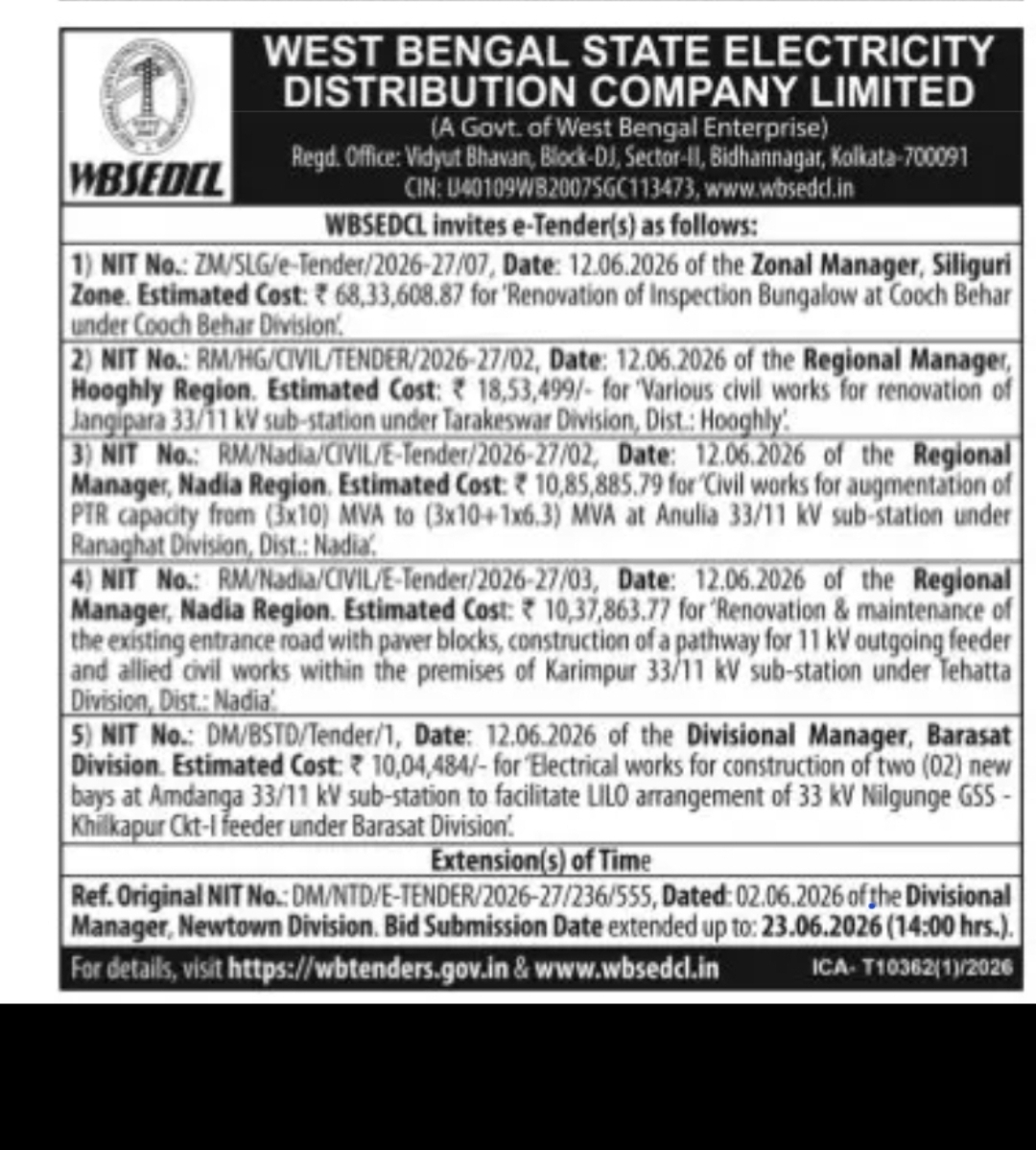 WBSEDCL E-TENDER NOTICES (CIVIL, ELECTRICAL & MAINTENANCE WORKS – VARIOUS DIVISIONS)