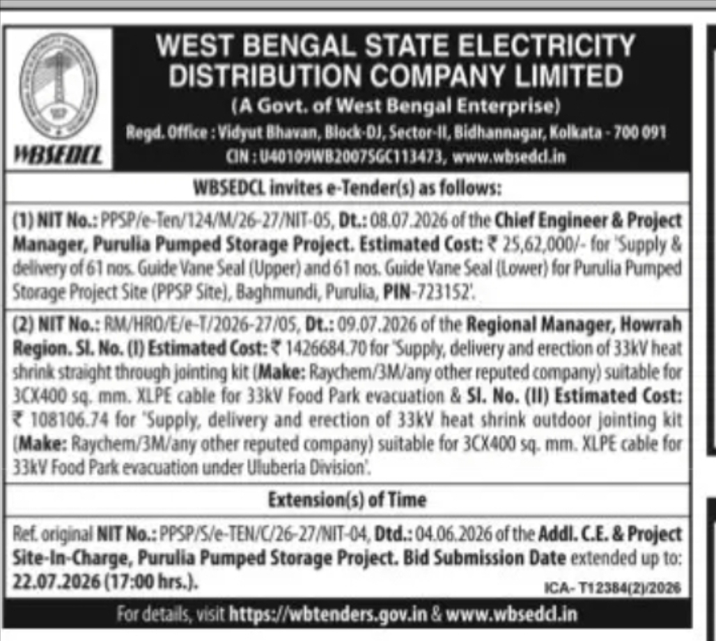 WBSEDCL Invites E-Tenders for Project Components and Electrical Works