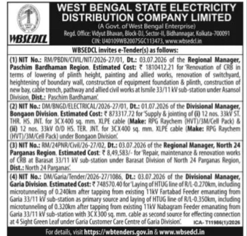 WBSEDCL Invites Multiple E-Tenders for Civil & Electrical Works