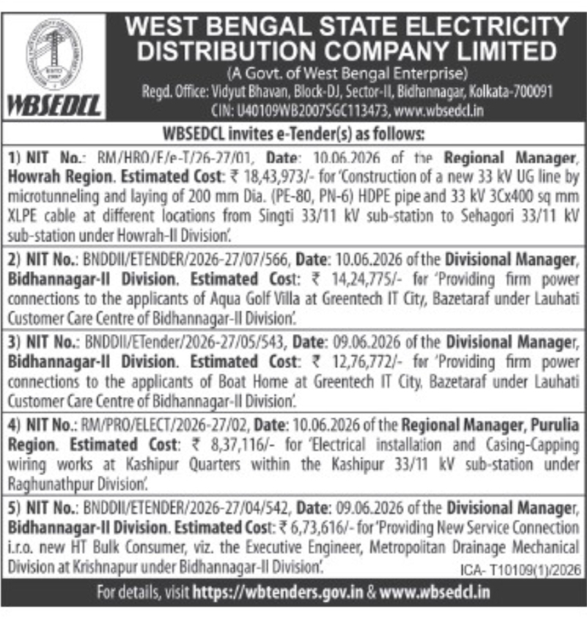 WBSEDCL Invites Multiple e-Tenders for Electrical Infrastructure and Power Connection Works Across West Bengal