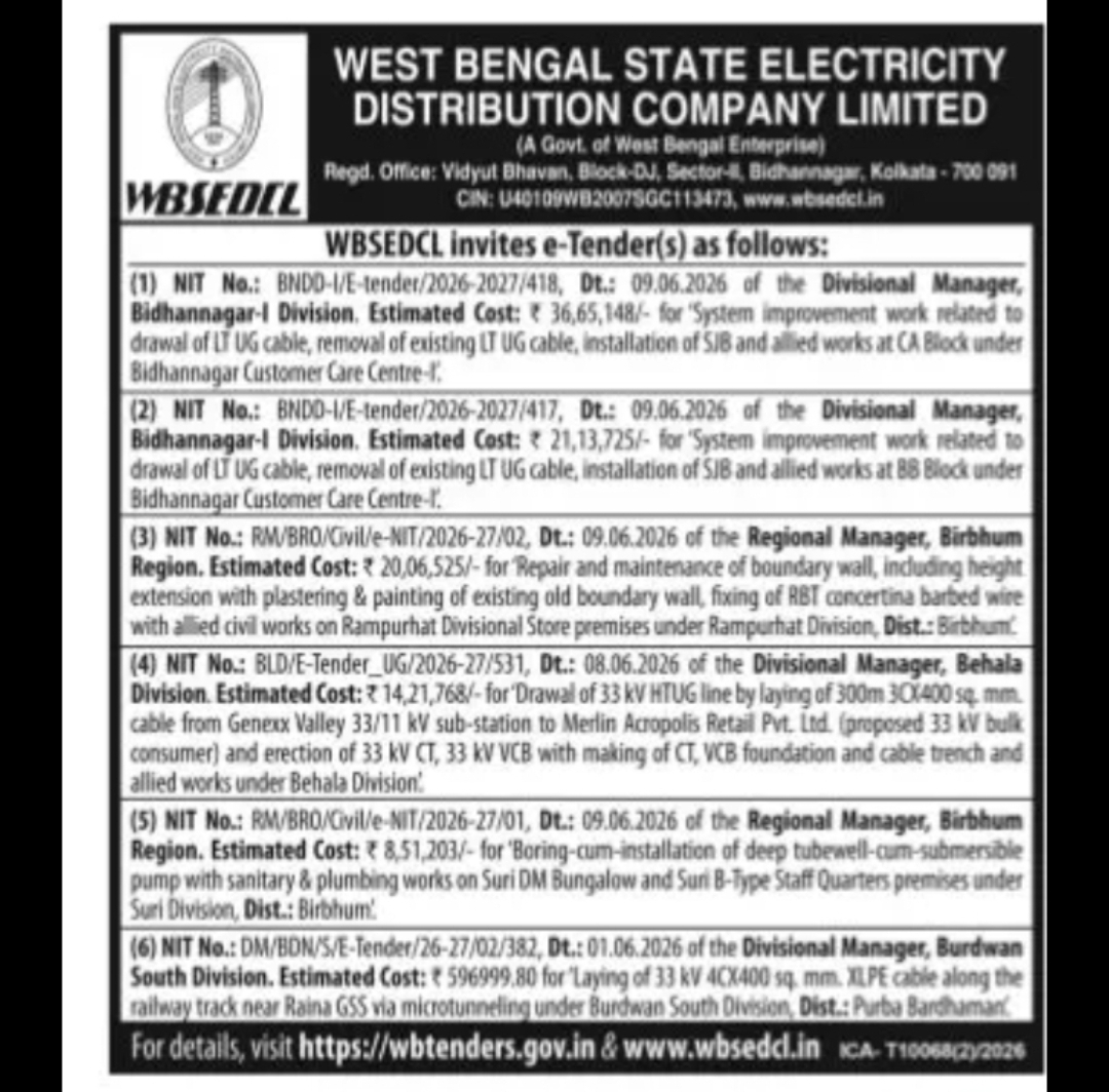 WBSEDCL Multiple Electrical Works Tenders – West Bengal