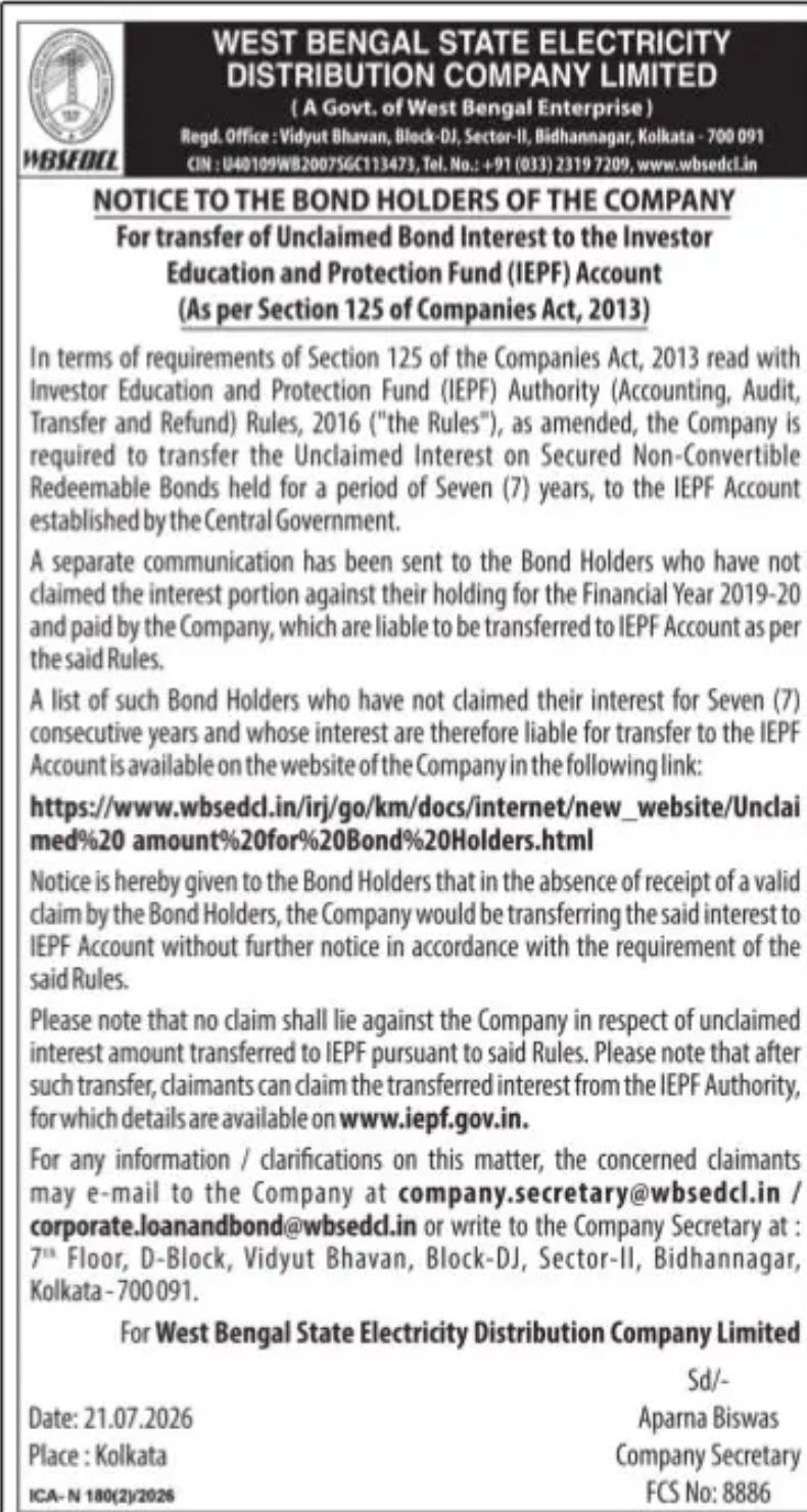 WBSEDCL Notice to Bond Holders Regarding Transfer of Unclaimed Bond Interest to IEPF