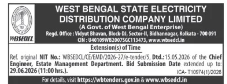 WBSEDCL Tender Notice – Bid Submission Date Extended