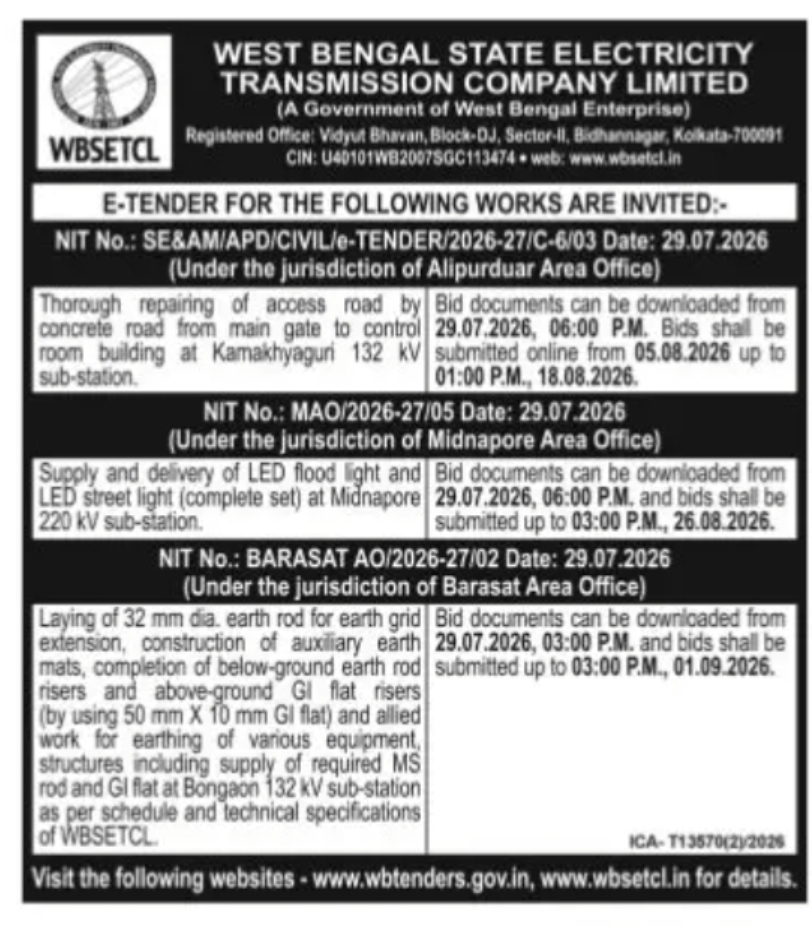 WBSETCL E-Tenders – Civil and Electrical Works at Various Sub-Stations