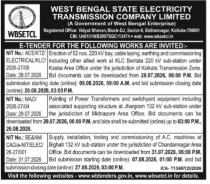 WBSETCL – Electrical Works at 220 kV and 132 kV Sub-Stations
