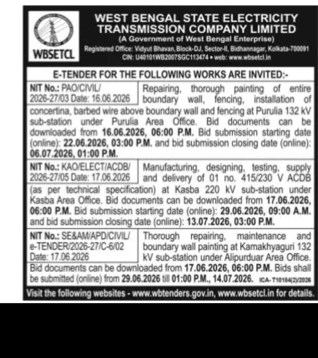 WBSETCL Substation Works Tenders (West Bengal)