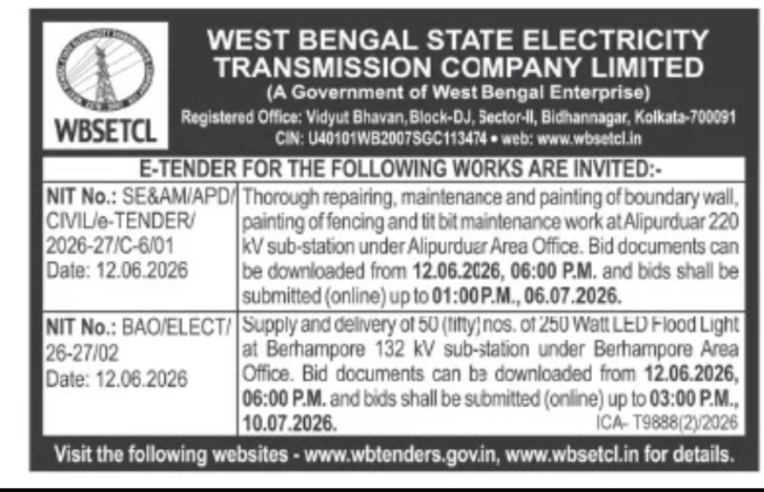 WBSETCL Tender Works – Alipurduar & Berhampore Sub-Stations