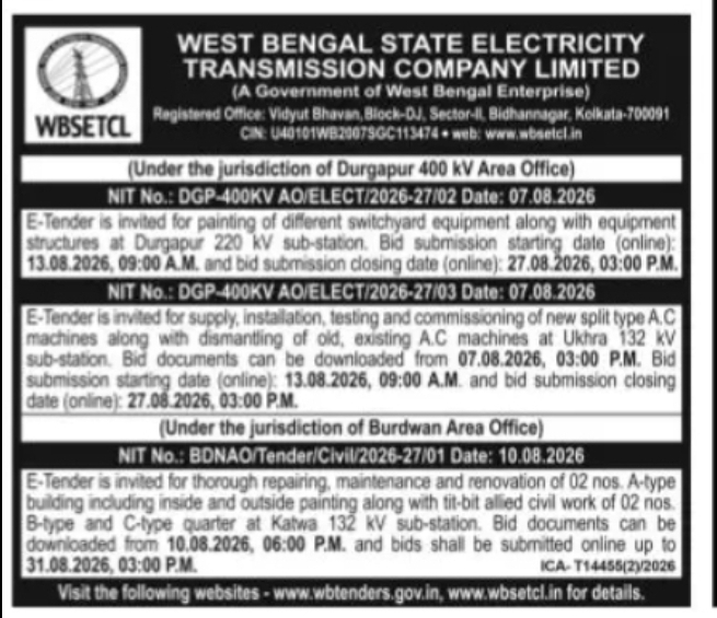 WBSETCL – Tenders for Sub-Station Works