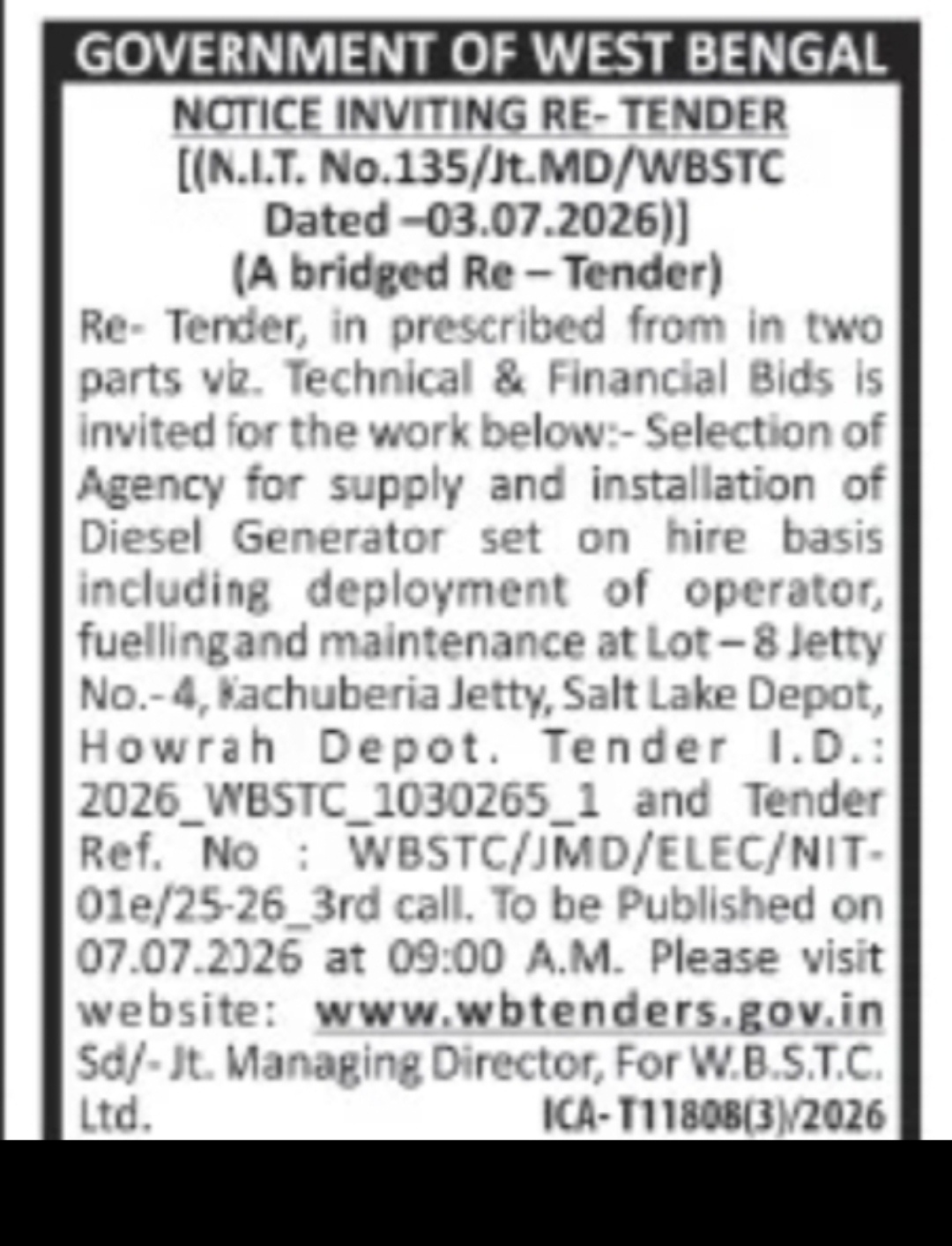 WBSTC Invites Re-Tender for Diesel Generator Set Hiring