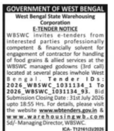 WBSWC E-Tender – Food Grain Handling Services