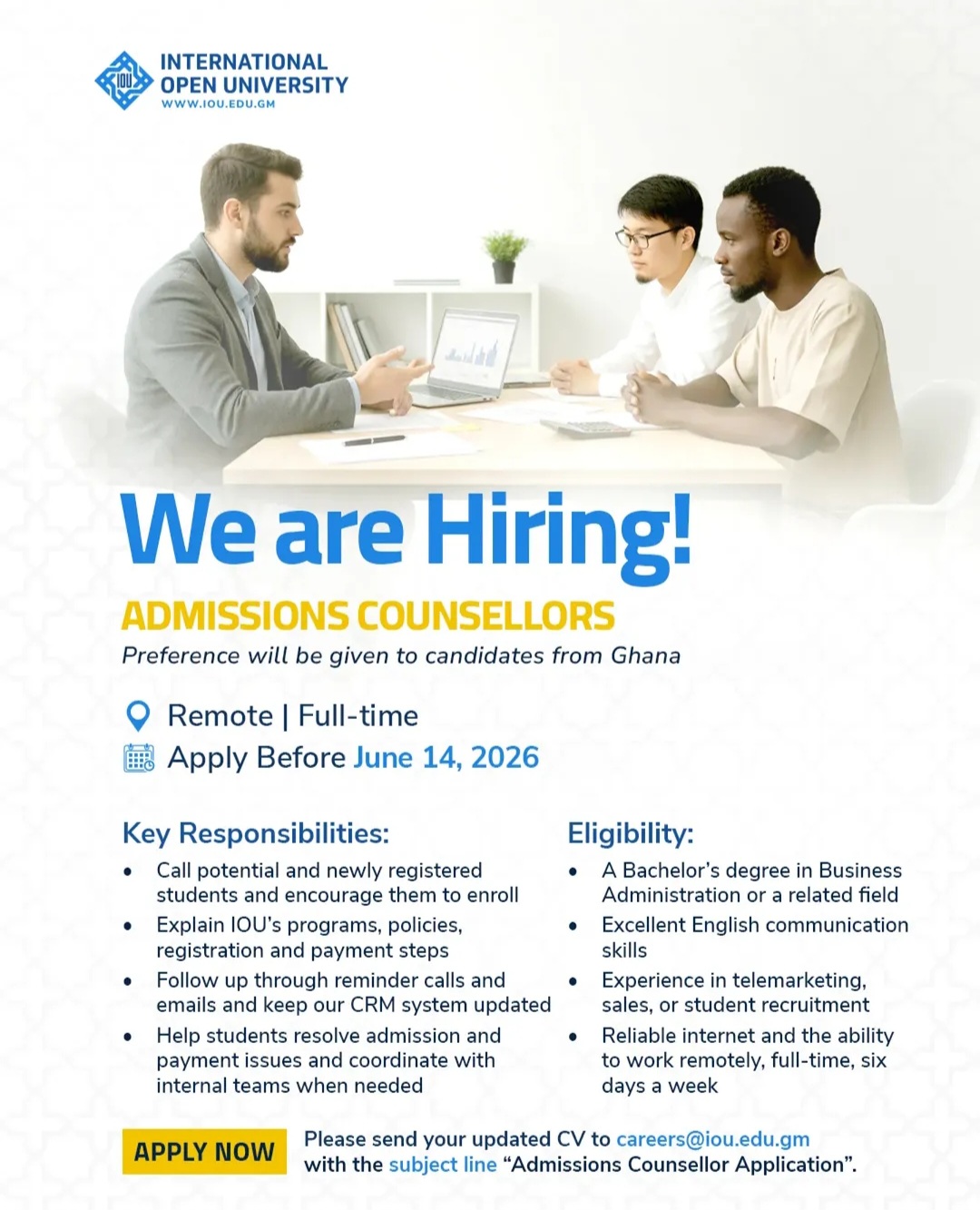 WE ARE HIRING – ADMISSIONS COUNSELLORS