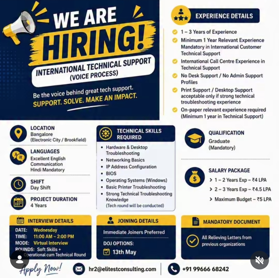 🚀 WE ARE HIRING – International Technical Support (Voice Process)