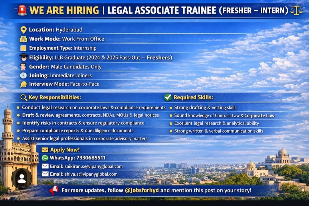 WE ARE HIRING - LEGAL ASSOCIATE TRAINEE (FRESHER-INTERN)