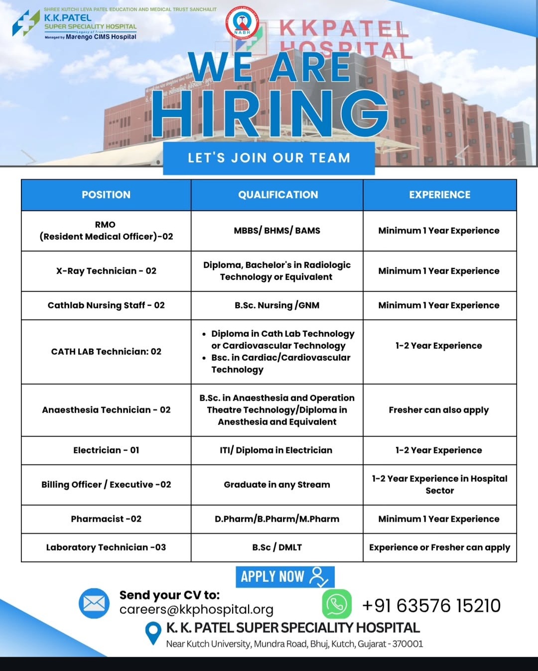 WE ARE HIRING – MULTIPLE POSITIONS | K.K. PATEL SUPER SPECIALITY HOSPITAL | APPLY NOW