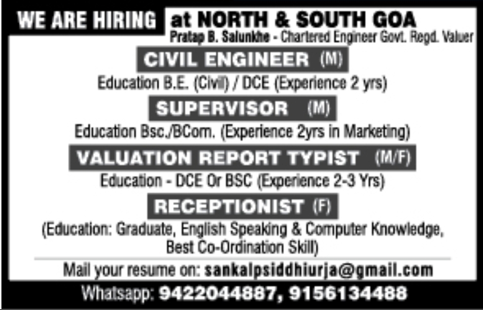WE ARE HIRING – NORTH & SOUTH GOA