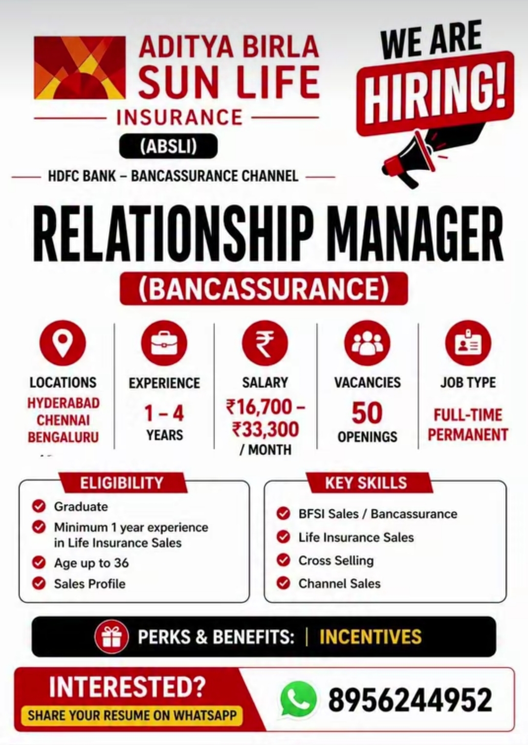 WE ARE HIRING – RELATIONSHIP MANAGER (BANCASSURANCE)