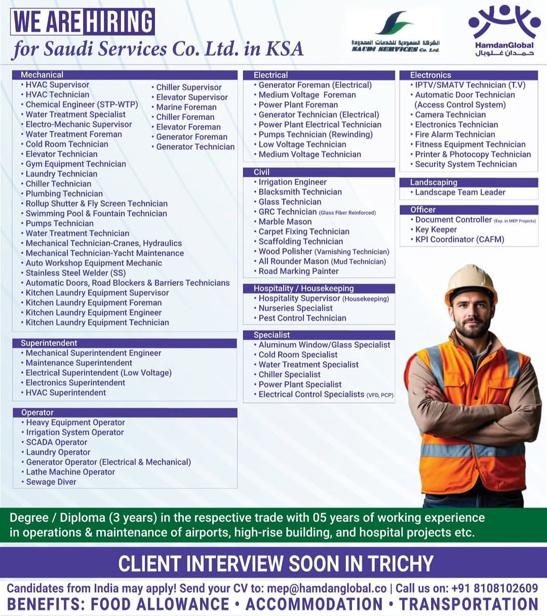 WE ARE HIRING – SAUDI SERVICES CO. LTD., KSA