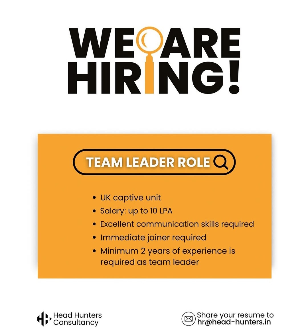 WE ARE HIRING – TEAM LEADER ROLE