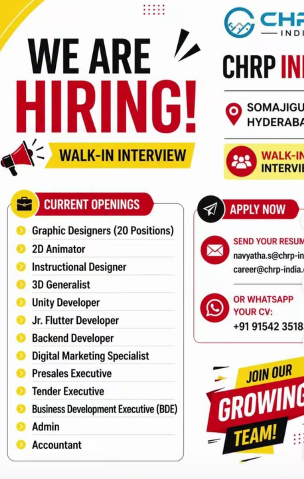 🚀 We’re Hiring at CHRP India – Hyderabad!