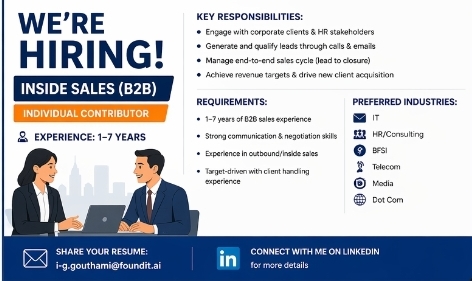 🚀 We’re Hiring: Inside Sales (B2B) | Individual Contributor