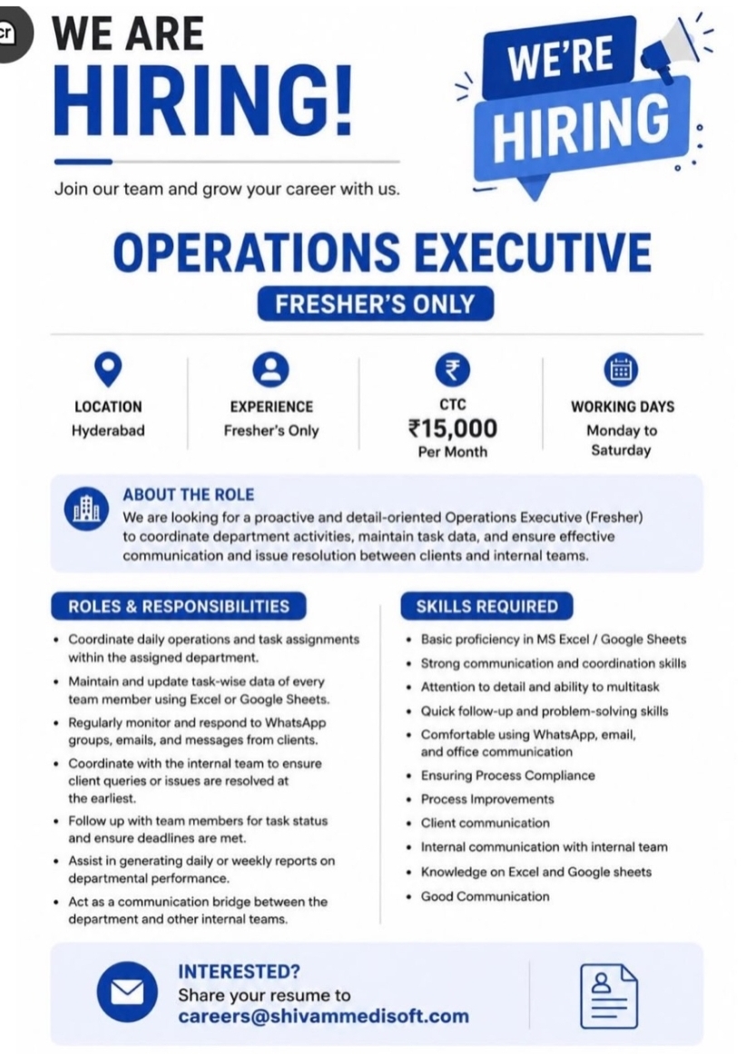WE’RE HIRING – Operations Executive (Freshers Only)