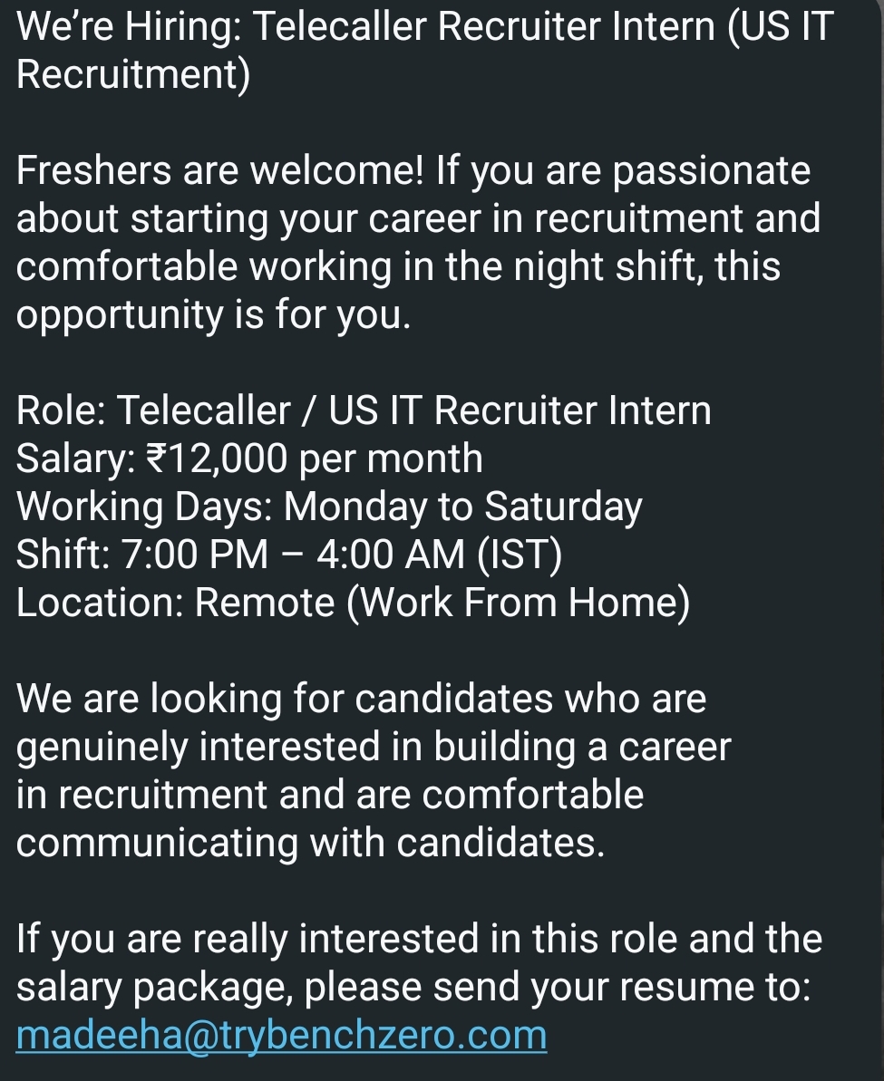 We’re Hiring: Telecaller Recruiter Intern (US IT Recruitment)