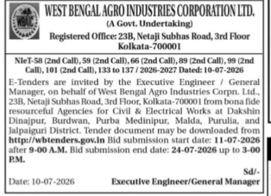 West Bengal Agro Industries Corporation Invites Civil & Electrical Work Tenders