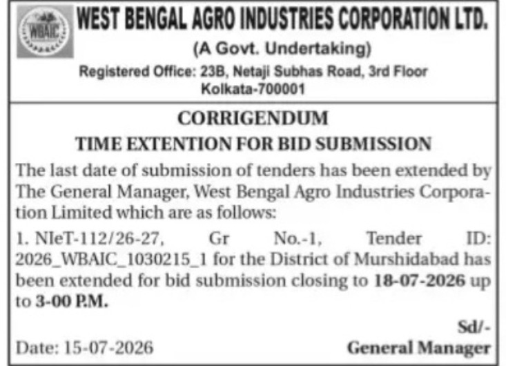 West Bengal Agro Industries Corporation Tender Submission Extended