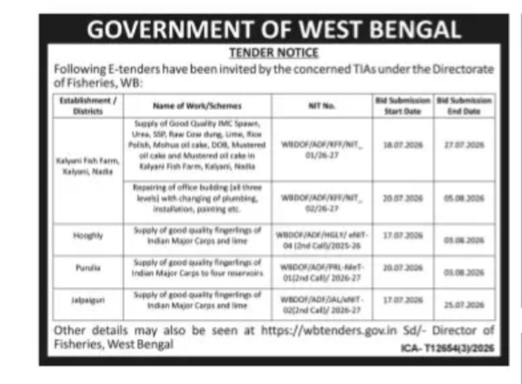 West Bengal Fisheries Department Supply Tenders 2026