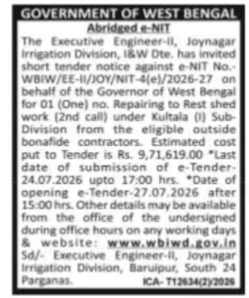 West Bengal Irrigation Tender for Rest Shed Repair Work