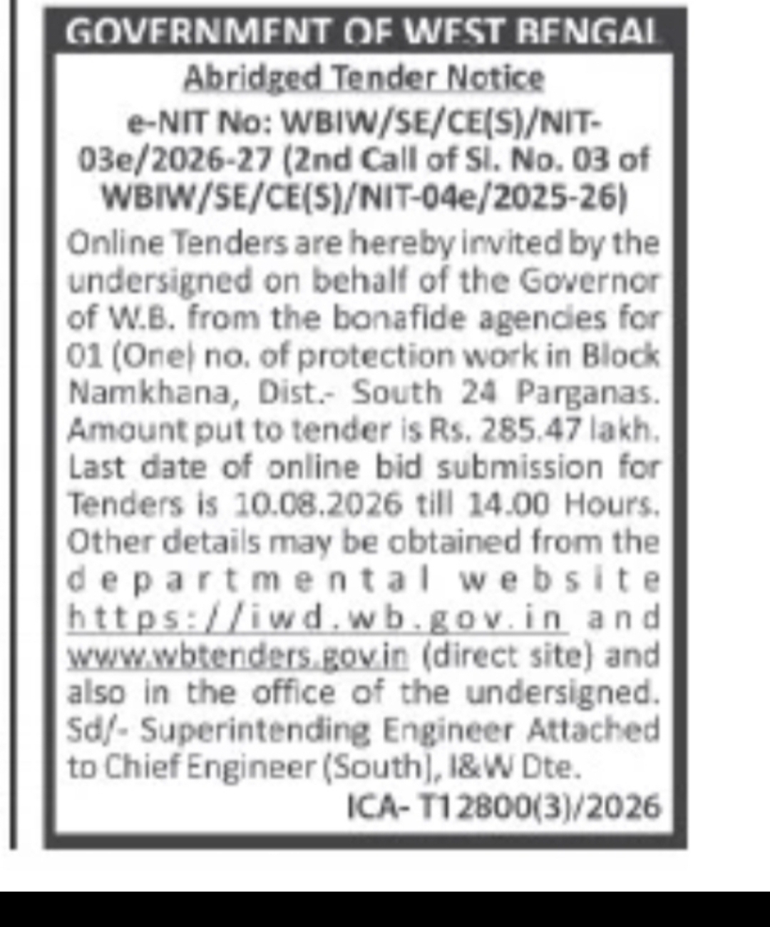 West Bengal Irrigation & Waterways Department Protection Work Tender Notice 2026