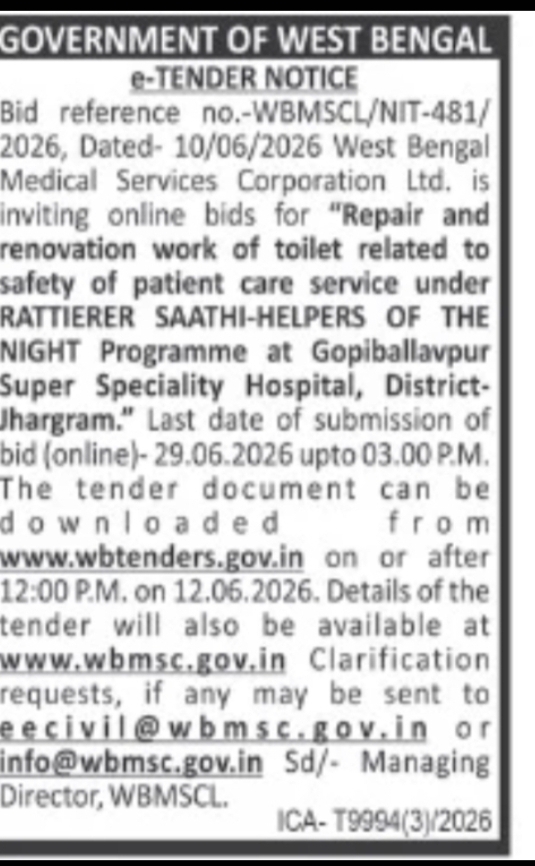 West Bengal Medical Services Corporation Ltd Tender Notice