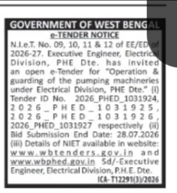 West Bengal PHE Department Invites e-Tenders for Pumping Machinery Operations