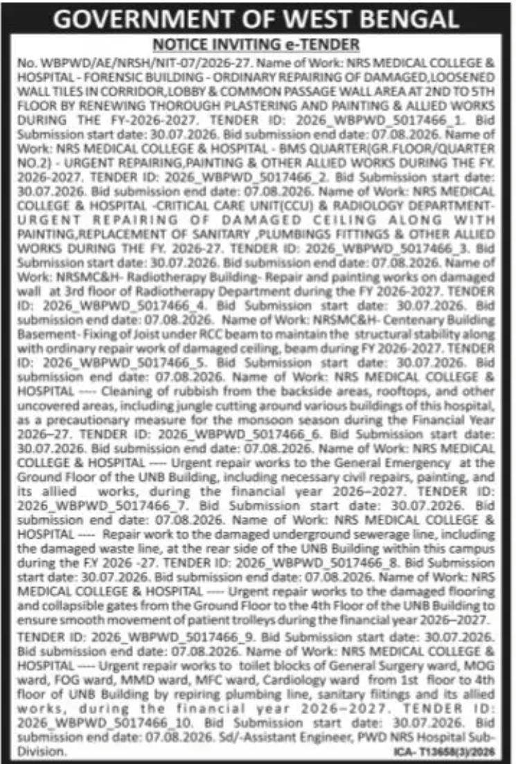 West Bengal PWD e-Tender Notice – NRS Medical College & Hospital Repair and Maintenance Works (FY 2026-27)
