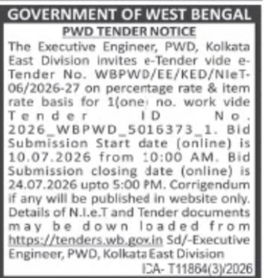 West Bengal PWD Invites E-Tender for Public Works Project – NIeT-06/2026-27