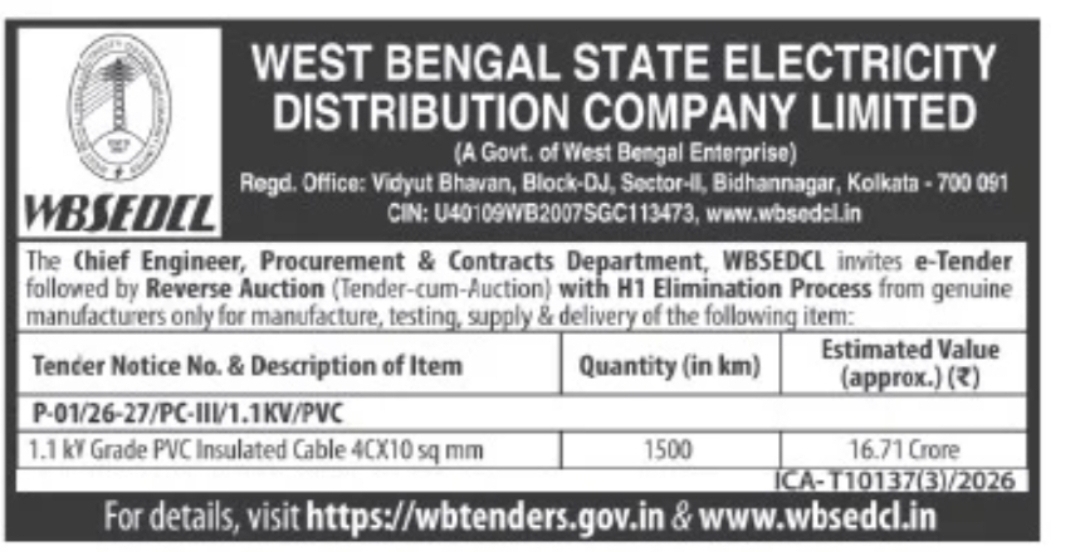 West Bengal State Electricity Distribution Company Limited – Cable Supply Tender