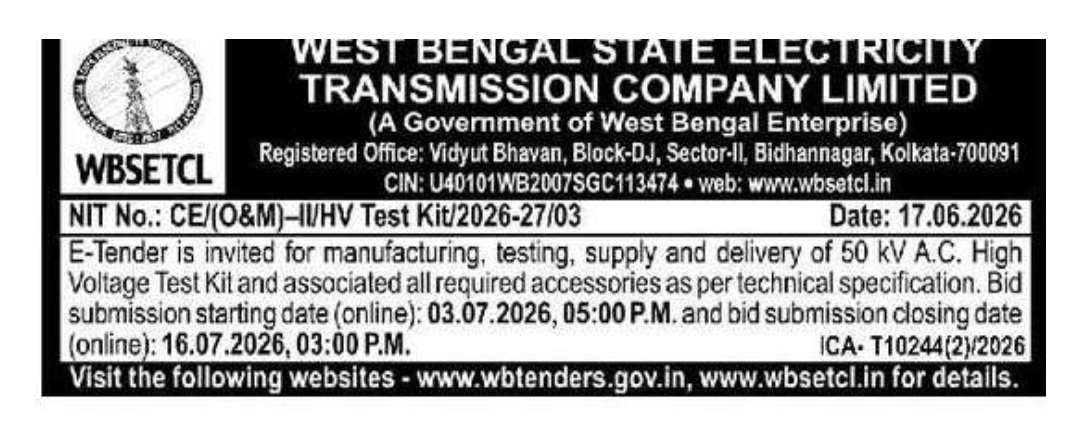 WEST BENGAL STATE ELECTRICITY TRANSMISSION COMPANY LIMITED (WBSETCL) E-Tender Notice 2026–27