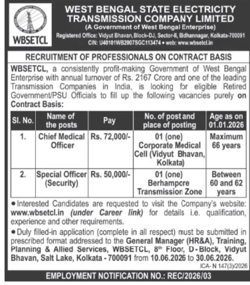 West Bengal State Electricity Transmission Company Limited (WBSETCL) Recruitment 2026