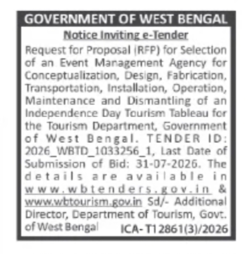 West Bengal Tourism Department Tender – Independence Day Tableau